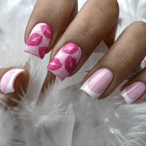 Valentine's Day Press on Nails Medium Length Square Fake Nails French Tip False Nails With Rose Pink Sexy Lips Pattern Design Glossy White Tips Acrylic Nails Full Cover Stick on Nails for Women 24Pcs