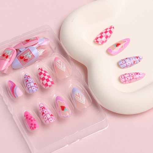 24 Pcs Rose Red Heart Strawberry Short Coffin Press On Nails - Image 2