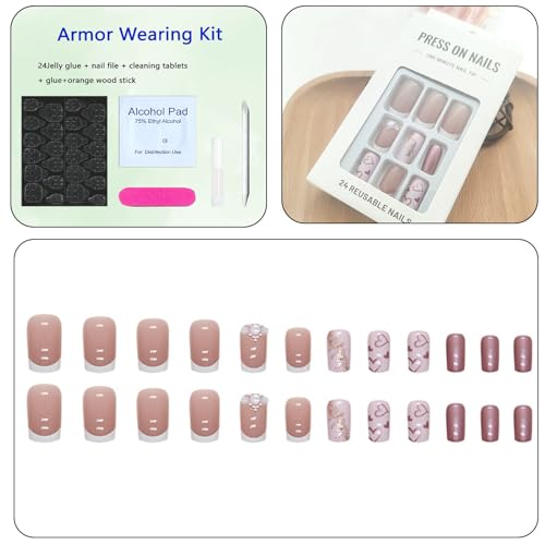 Valentines Press on Nails Medium Pink Square Fake Nails Valentine's Day Nails Press ons Cute Heart Gold Foil White French Tip Rhinestone Acrylic Nails Glue on Nails for Women 24 Pcs - Image 6