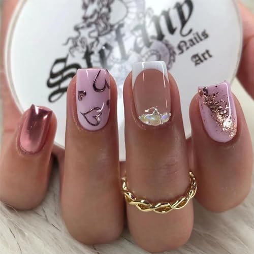 Valentines Press on Nails Medium Pink Square Fake Nails Valentine's Day Nails Press ons Cute Heart Gold Foil White French Tip Rhinestone Acrylic Nails Glue on Nails for Women 24 Pcs
