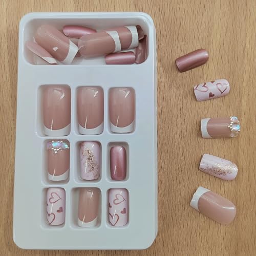 Valentines Press on Nails Medium Pink Square Fake Nails Valentine's Day Nails Press ons Cute Heart Gold Foil White French Tip Rhinestone Acrylic Nails Glue on Nails for Women 24 Pcs - Image 2