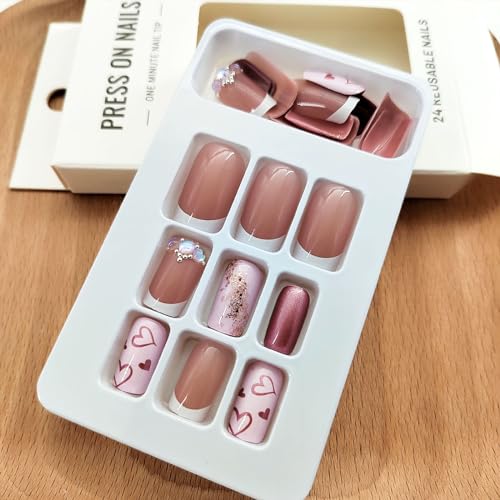 Valentines Press on Nails Medium Pink Square Fake Nails Valentine's Day Nails Press ons Cute Heart Gold Foil White French Tip Rhinestone Acrylic Nails Glue on Nails for Women 24 Pcs - Image 3