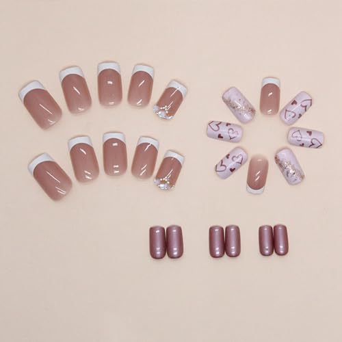 Valentines Press on Nails Medium Pink Square Fake Nails Valentine's Day Nails Press ons Cute Heart Gold Foil White French Tip Rhinestone Acrylic Nails Glue on Nails for Women 24 Pcs - Image 4