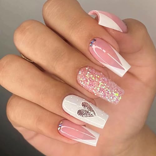 Valentines Press on Nails Medium Silver Glitter Heart Coffin Fake Nails White French Tip Pink Sequins Acrylic Nails Press ons Cute Valentine's Day Stick Glue on Nails for Women Girls 24 Pcs