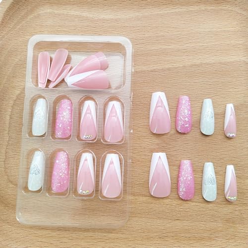 Valentines Press on Nails Medium Silver Glitter Heart Coffin Fake Nails White French Tip Pink Sequins Acrylic Nails Press ons Cute Valentine's Day Stick Glue on Nails for Women Girls 24 Pcs - Image 2