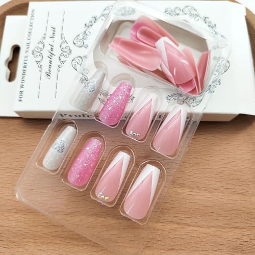 Valentines Press on Nails Medium Silver Glitter Heart Coffin Fake Nails White French Tip Pink Sequins Acrylic Nails Press ons Cute Valentine's Day Stick Glue on Nails for Women Girls 24 Pcs - Image 3