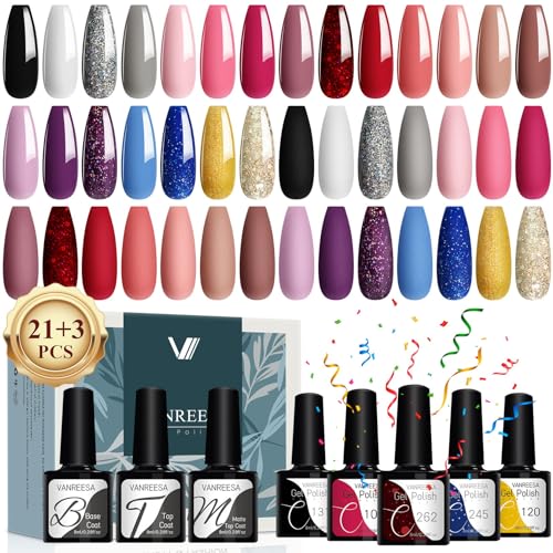 VANREESA 21 Colors Gel Nail Polish Set 24 Pcs Gel Nail Polish Kit Glossy & Matte Top Coat Base Coat Pink Red Nude Purple Blue Gel Polish Gel Nail Kit Gifts for Women