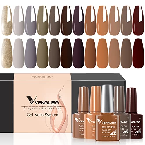 VENALISA Gel Nail Polish Set - Colorful Bottles Coffee Brown Grey Fall Winter Color Soak Off UV LED Nail Gel Polish Set Nail Art Salon Manicure DIY Home Gifts for Women