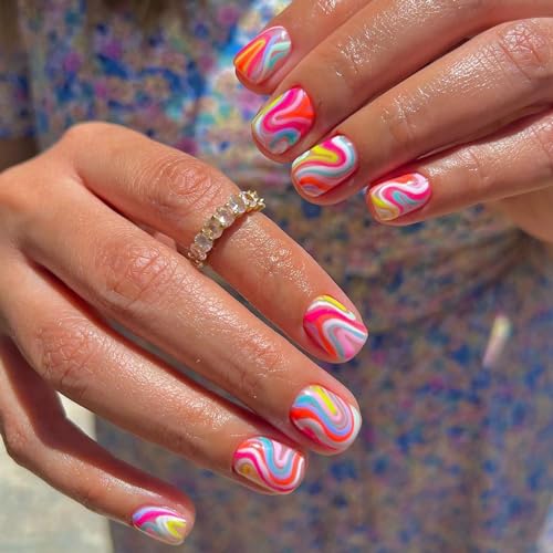 Vezocim 24 Piece Short Square Press On Nails Glossy Wavy Line Design Set