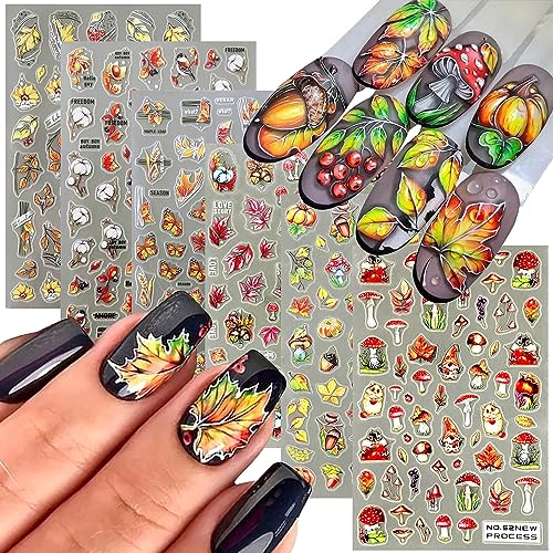 Vezocim Maple Leaf Nail Art Stickers Decals Fall Leaf 3D Nail Self-Adhesive Sticker Designs Autumn Leaves Mushroom Pumpkin Nut Squirrel Nail Transfer Decal for Thanksgiving Women Manicure Decorations