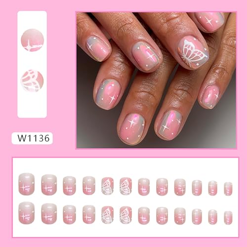 Vezocim Nude Press on Nails Square Short, 24Pcs Glossy Artificial Cute Fake Nails with Butterfly Designs, Full Cover Acrylic Coffin False Fingernails with Charm for Women Girls - Image 2