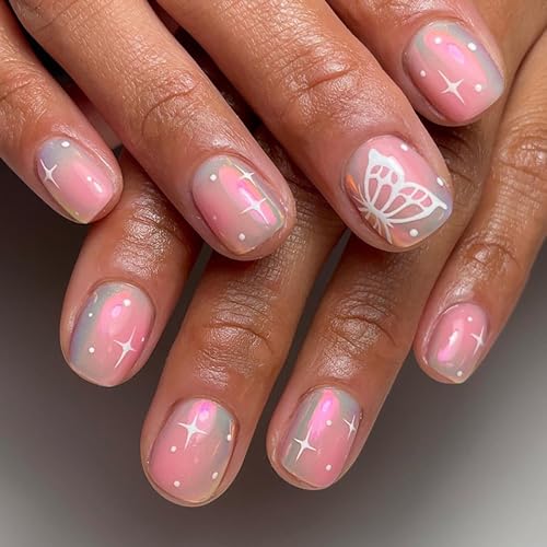 Vezocim Nude Press on Nails Square Short, 24Pcs Glossy Artificial Cute Fake Nails with Butterfly Designs, Full Cover Acrylic Coffin False Fingernails with Charm for Women Girls