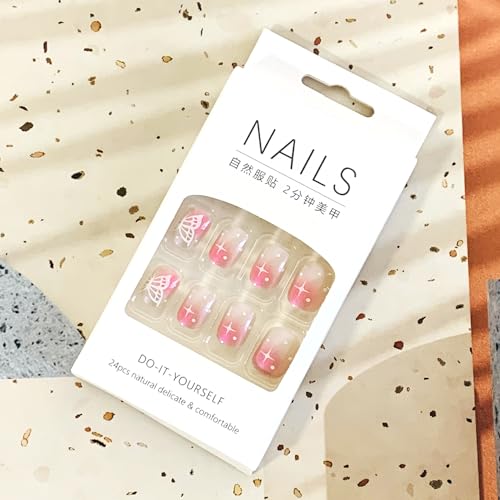 Vezocim Nude Press on Nails Square Short, 24Pcs Glossy Artificial Cute Fake Nails with Butterfly Designs, Full Cover Acrylic Coffin False Fingernails with Charm for Women Girls - Image 6