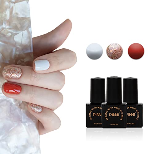 VidaRosa PINNI 3 Colors Gel Nail Polish Set, Semi-permanent Gel Nail Lacquer Polishes for Soak-off UV LED Manicure Nail Art Nail Design, 5ml, White + Red & Gold Glitter + Red