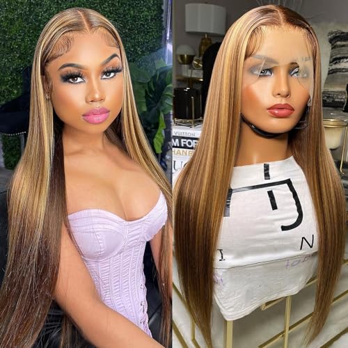 VIPbeauty 28 Inch Honey Blonde HD Lace Front Wig Human Hair 13x4 Ombre Lace Front Wig Human Hair 4/27 Colored Straight Wigs Human Hair Pre Plucked with Baby Hair 180% Density
