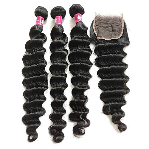 Virgin Brazilian Human Hair With Closure Loose Deep Wave 18 18 18 With 16 Inch Free Part Lace Closure With Bundles Unprocessed Hair Weave