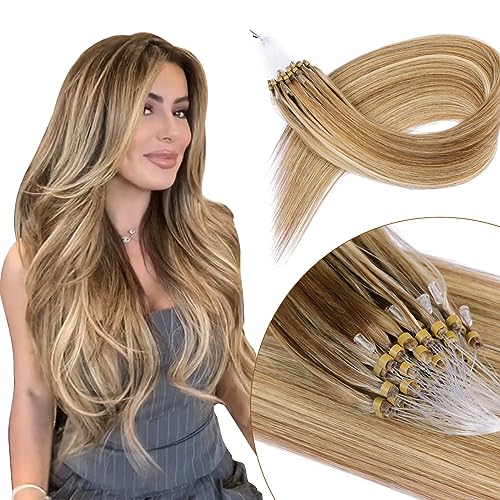 Virgin Microlink Hair Extensions - Human Hair,22inch Micro link Hair Extensions Human Hair Micro Beads Hair Extensions Human Hair Chocolate Brown to Caramel Blonde 30G/Pack