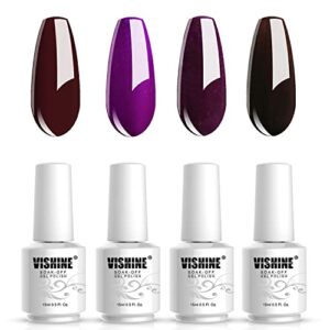 Vishine 15ml Gel Nail Polish Set, 4 Pcs Purple Wine Red Brown Colors Gel Polish Kit Soak Off UV LED Lamp Base Top Coat Needed Nail Art Salon DIY at Home C186