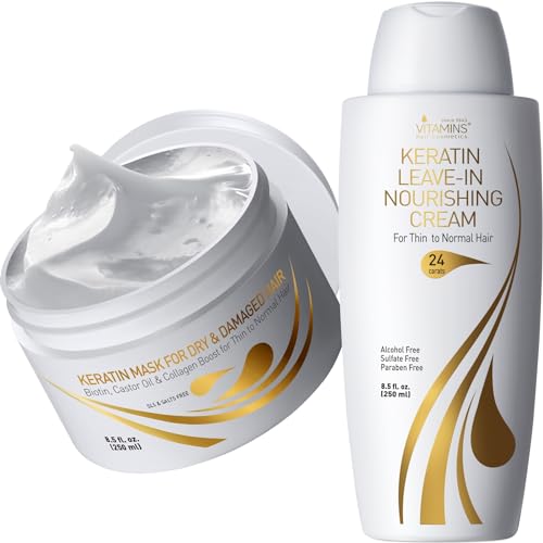 Vitamins Keratin Thin Hair Leave-In Conditioner and Hair Mask Kit - Ultra Hydrating No Rinse Nourishing Cream and Deep Conditioning Hair Mask for Thin Fine Hair - Pro Salon Care for Dry Damaged Hair