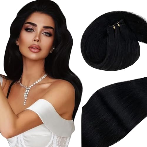 Vivien Black Hair Extensions Weft Sew in Hair Extensions Real Human Hair Weft Hair Extensions Sew in Human Hair Silky Straight Hair #1 18 Inch 100 Grams