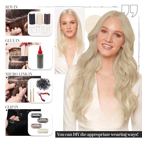 Vivien Sew in Weft Hair Extensions Human Hair Platinum Blonde Weft Hair Extensions Blonde Real Human Hair Sew in Extensions #613 16 Inch 100 Grams - Image 5