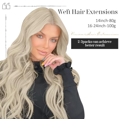Vivien Sew in Weft Hair Extensions Human Hair Platinum Blonde Weft Hair Extensions Blonde Real Human Hair Sew in Extensions #613 16 Inch 100 Grams - Image 2