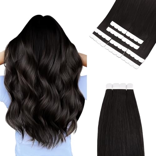 Vlasy Tape in Hair Extensions Human Hair Black Brown Hair Extensions 16 Inch 10pcs Mini Tape ins Straight Seamless Natural Invisible Tape in Extensions Real Human Hair 15g (16 Inch 1B#)