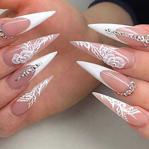 VOTACOS Press on Nails Long Stiletto Fake Nails Nude False Nails with White Rose Design Glitter Full Cover Stick on Nails for Women…