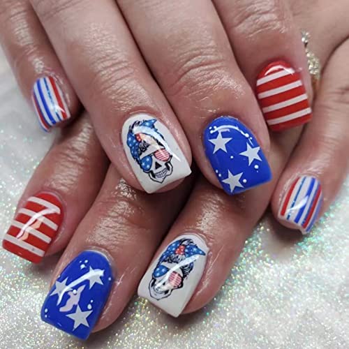 VOTACOS Press on Nails Short Square Fake Nails Red and Blue False Nails with Star Stripes Design Glossy Stick on Nails for Women 663