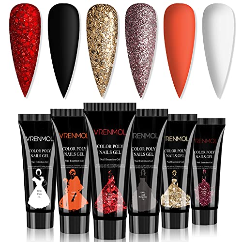 VRENMOL Poly Nail Gel Set - 6 Color Fall Red Gold Glitter Builder Gel for DIY Manicure