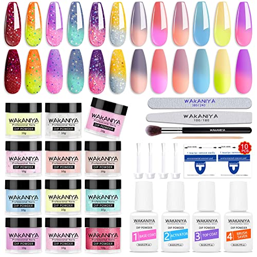 Wakaniya 12-Color Glitter Dip Powder Nail Kit with Base, Top Coat, Activator