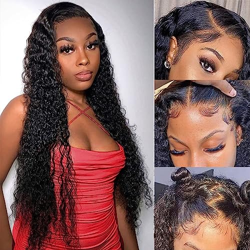 Water Wave Lace Front Wigs Human Hair Pre Plucked 13x4 HD Transparent Water Curly Lace Front Wigs for Women Wet and Wavy Frontal Wigs 180% Density Glueless Wigs Natural Black 22inch