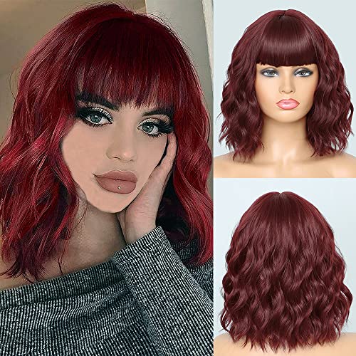 WAVE&BREEZE 14 Inch Short Wavy Wine Red Wig Curly Bangs 2 Free Caps Included