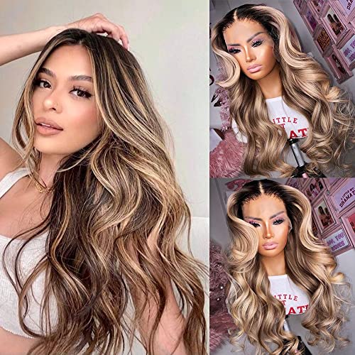 Wavy Wig Highlight Body Wave Human Hair Wigs Pre Plucked Baby Hair Glueless Transparent 13x6 Lace Frontal Ombre Brown Wigs with Blonde Highlights 150% Density Brazilian Remy Hair Wigs, 22 Inch