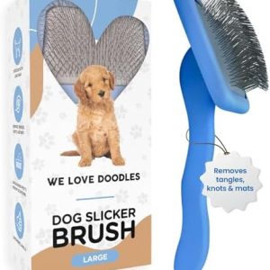 We Love Doodles Dog Slicker Brush for Grooming Pet Hair - Best Brushes For Poodle & Golden Doodle - Long Haired Brush For Dogs - Goldendoodle Long Pin Brush For Dematting (Large)