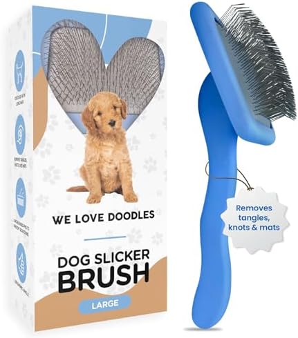 We Love Doodles Dog Slicker Brush for Grooming Pet Hair - Best Brushes For Poodle & Golden Doodle - Long Haired Brush For Dogs - Goldendoodle Long Pin Brush For Dematting (Large)