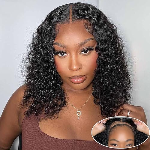 Wear and Go Glueless Bob Wig Human Hair Pre Plucked Cut Lace for Beginners 180% Density Upgraded No Glue Water Wave 4x4 HD Lace Closure Wigs for Black Women with Baby Hair Natural Color (14 inch)