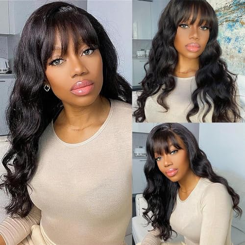 Glueless Body Wave Wig with Bangs for Black Women 22 Inch 180% Density