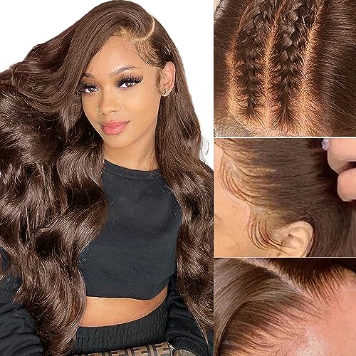 Wear and Go Glueless Brown Body Wave Lace Front Wigs Human Hair 13x4 Brown Hd Lace Front Wigs Human Hair 180% Density Dark Brown Lace Front Wig for Women Pre Plucked With Baby Hair 18inch Brown Wig