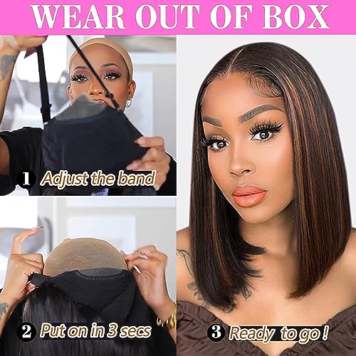 Wear and Go Glueless Wig Highlight Bob Wigs Human Hair 4X4 HD Lace Front Bob Wig 1b/27/30 Ombre Brown Colored Human Hair Bob Wigs for Women 150 Density Ready to Go Closure Wigs Human Hair Pre Plucked with Baby Hair 8 Inch - Image 3