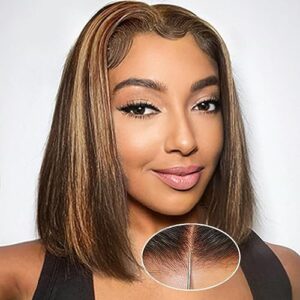 Wear and Go Glueless Wig Highlight Bob Wigs Human Hair 4X4 HD Lace Front Bob Wig 1b/27/30 Ombre Brown Colored Human Hair Bob Wigs for Women 150 Density Ready to Go Closure Wigs Human Hair Pre Plucked with Baby Hair 8 Inch