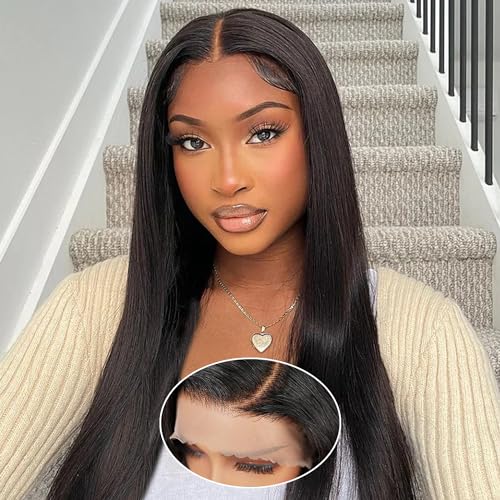 Wear and Go Glueless Wig Human Hair Pre Plucked Pre Cut 13x4 Hd Transparent Straight Lace Front Wigs Human Hair 180% Density(28 Inch, Natural Color 100% Human Hair)