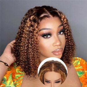 Wear And Go Glueless Wigs Human Hair Pre Plucked Pre Cut 4/27 Honey Blonde Lace Front Wigs Short Curly Human Hair Wigs For Black Women 180% Density Water Wave Lace Front Wig Human Hair 14 Inch