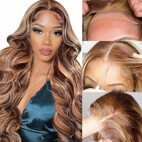 Wear And Go Glueless Wigs Human Hair Pre Plucked Pre Cut 5x5 HD Lace Closure Wigs Human Hair Ombre 4/27 Highlight Honey Blonde Body Wave Lace Front Wigs Human Hair 180% Density Glueless Wig (24Inch)