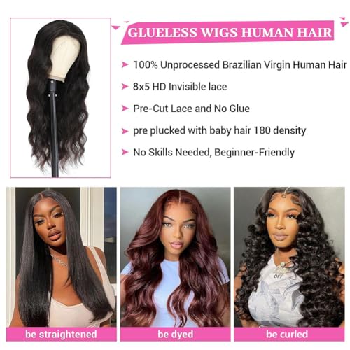 Wear and Go Glueless Wigs Human Hair Pre Plucked Pre Cut 8x5 HD Lace Front Wigs Human Hair 26inch Glueless Lace Frontal Human Hair Wigs for Black Women 180% Density - Image 3
