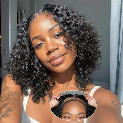 Wear and Go Glueless Wigs Human Hair Pre Plucked Pre Cut Deep Wave Curly Bob Lace Front Wigs Human Hair For Black Women 180% Density 4x4 Lace Closure Wigs For Beginners Water Wave Wig (10in)