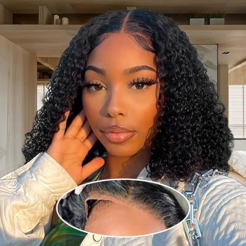 Wear and Go Glueless Wigs Human Hair Pre Plucked Pre Cut Deep Wave Lace Front Wigs 4x4 Glueless Wig 180% Density No Glue Bob Human Hair Wigs for Black Women 10 Inch
