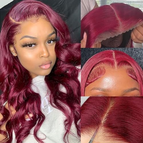 Wear and Go Glueless Wigs Human Hair Pre Plucked Pre Cut for Beginners 99j Burgundy Lace Front Wigs Human Hair Upgraded 13x4 Hd Body Wave Lace Frontal Wig Human Hair for Women 24 Inch