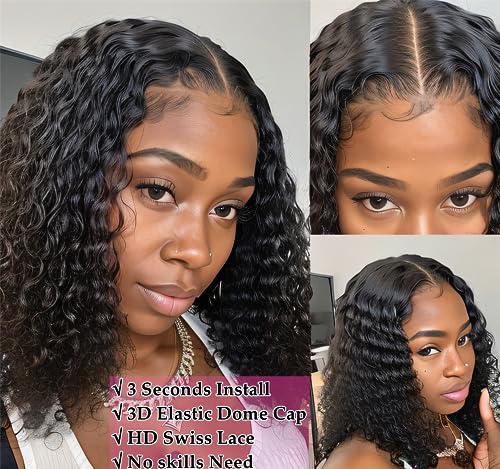 Wear and Go Glueless Wigs Human Hair Pre Plucked Pre Cut for Beginners Deep Wave Bob Wig Human Hair Lace Front Wigs for Black Women Upgraded No Glue Curly 4x4 HD Lace Closure Wigs Human Hair 12 Inch - Image 7
