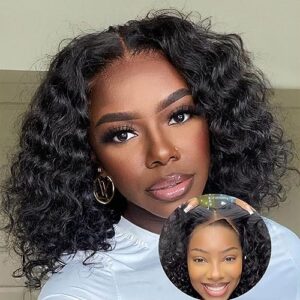 Wear and Go Glueless Wigs Human Hair Pre Plucked Pre Cut for Beginners Deep Wave Bob Wig Human Hair Lace Front Wigs for Black Women Upgraded No Glue Curly 4x4 HD Lace Closure Wigs Human Hair 12 Inch